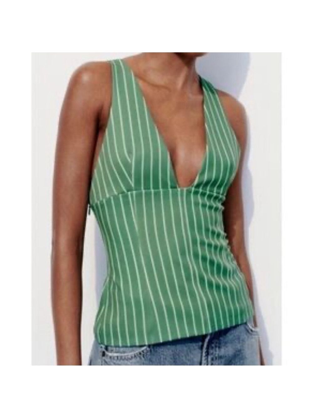 Zara green with white stripes halter low cut top blogger favourite size XXL